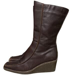 Vintage Brown Leather Wedge Boots 37 US 6.5 Square Toe Mid Calf Retro Minimalist
